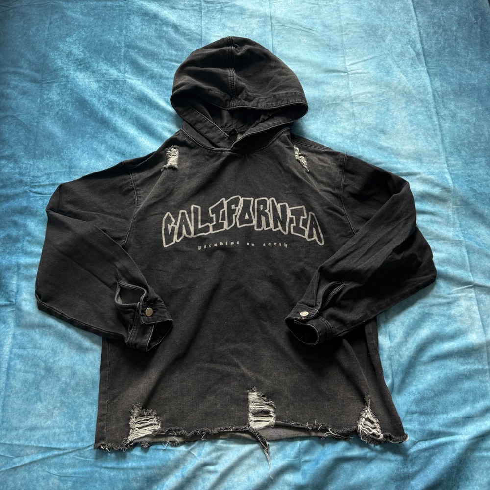 Romwe Mens California Paradise On‎ Earth Distressed Black Denim Hoodie Size M